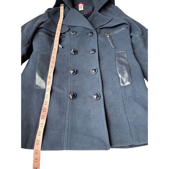 RUD By Rudsak Double Breasted Blue Pea Coat With Leather Trim Pockets - Picture 9 of 10